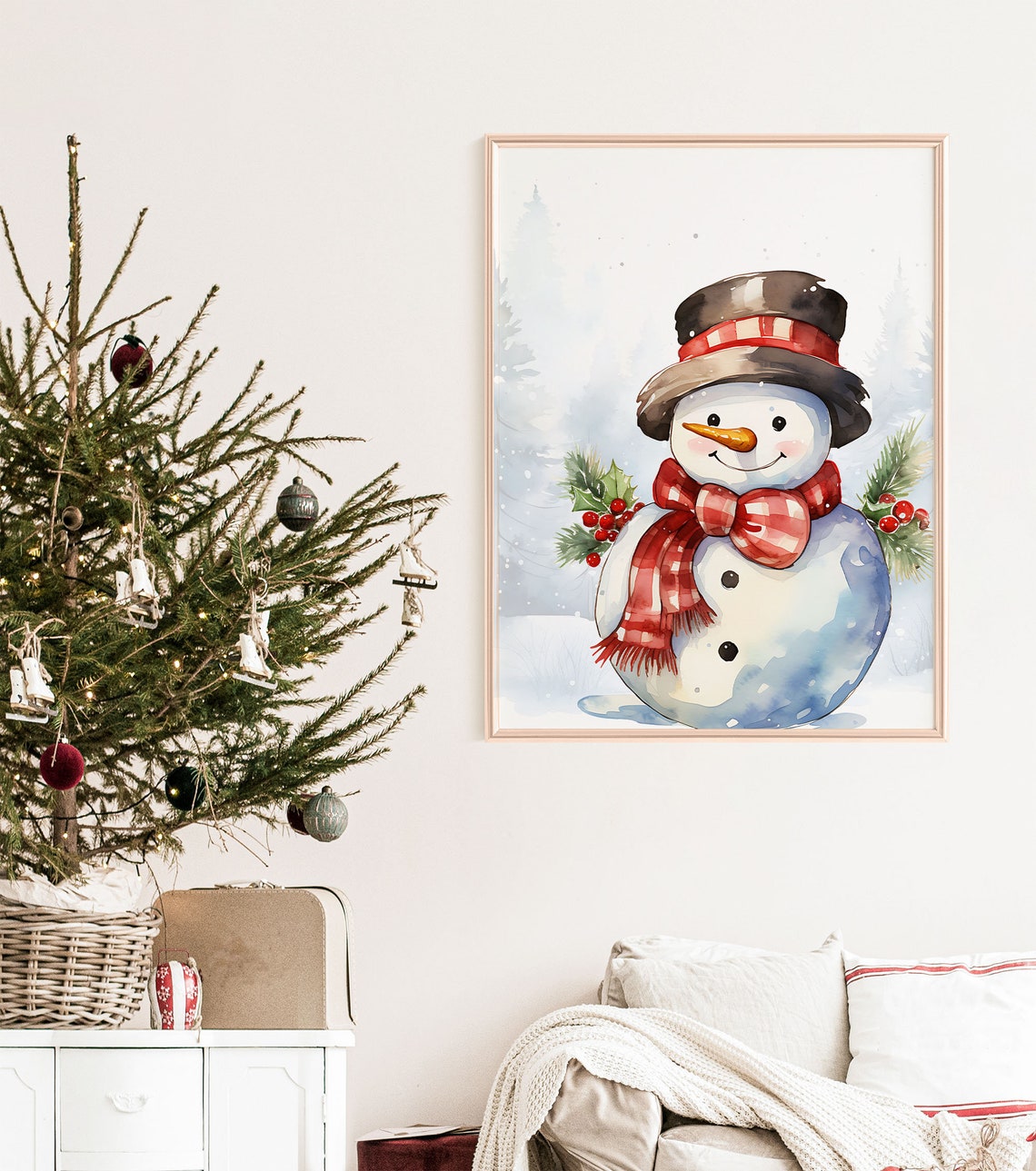 Cute Watercolor Snowman Top Hat Plaid Scarf Winter Art Poster - Image 8