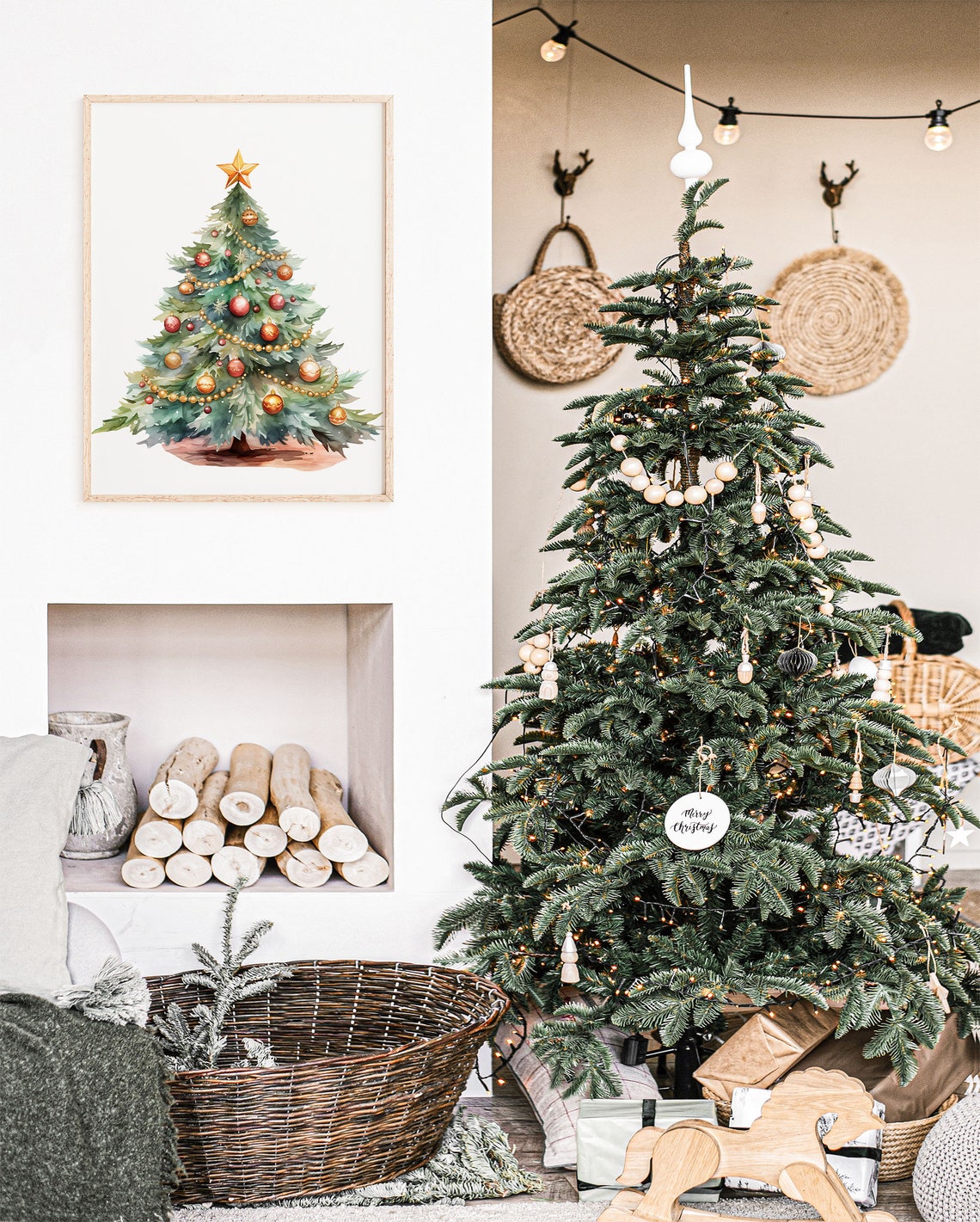 Watercolor Green Christmas Tree Gold Star Ornaments Holiday Poster - Image 6
