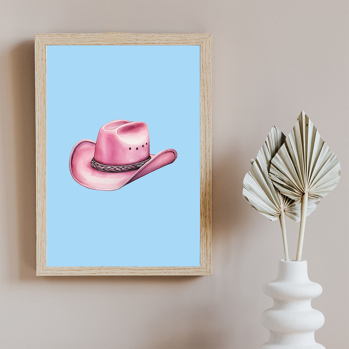 Pink Cowboy Hat on Blue Background Watercolor Western Wall Art - Image 6