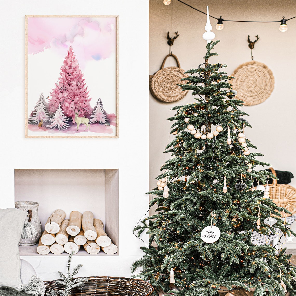Pink Watercolor Christmas Trees Woodland Deer Holiday Poster - Image 3