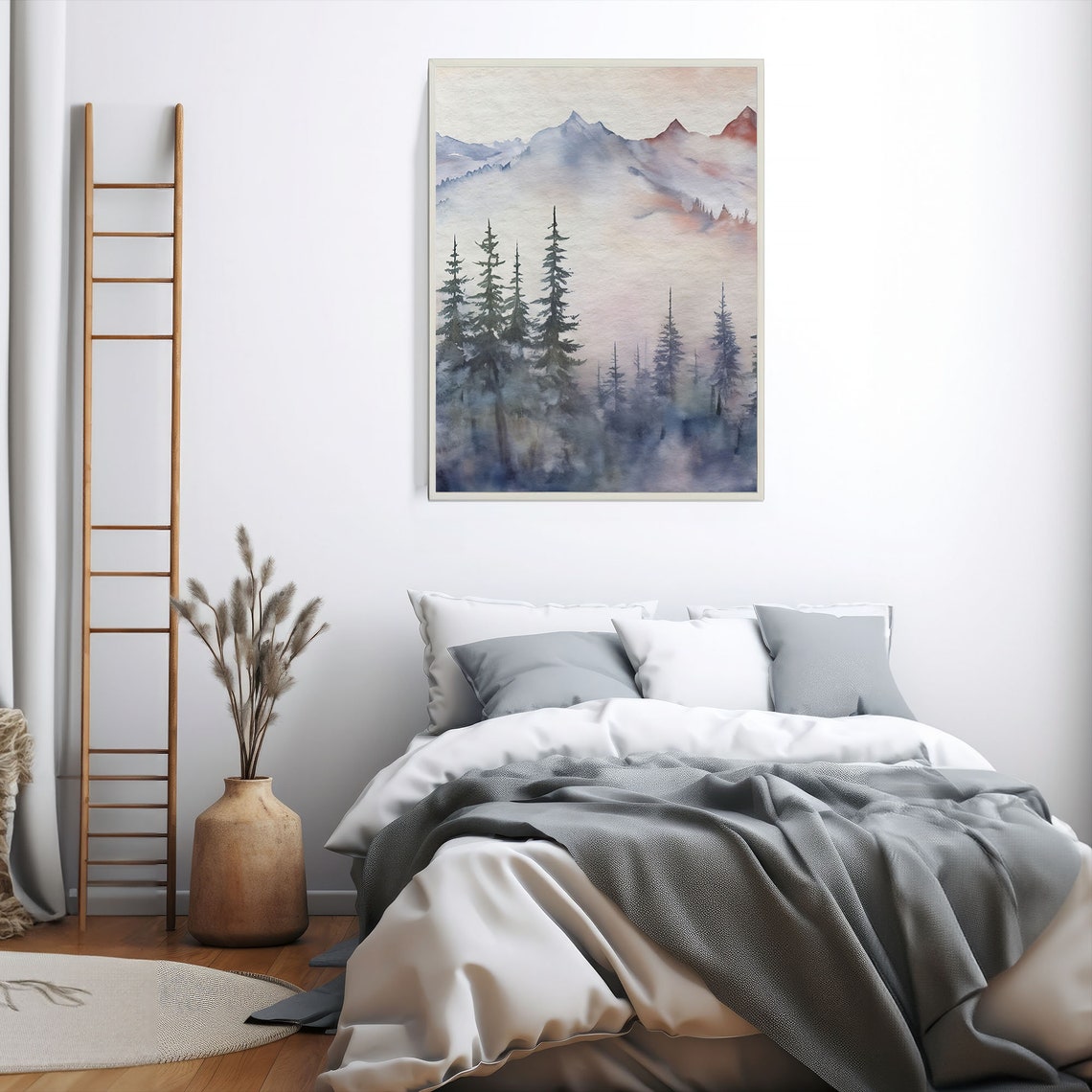 Pink Blue Pine Forest Mountain Watercolor Landscape Wall Art - Image 4