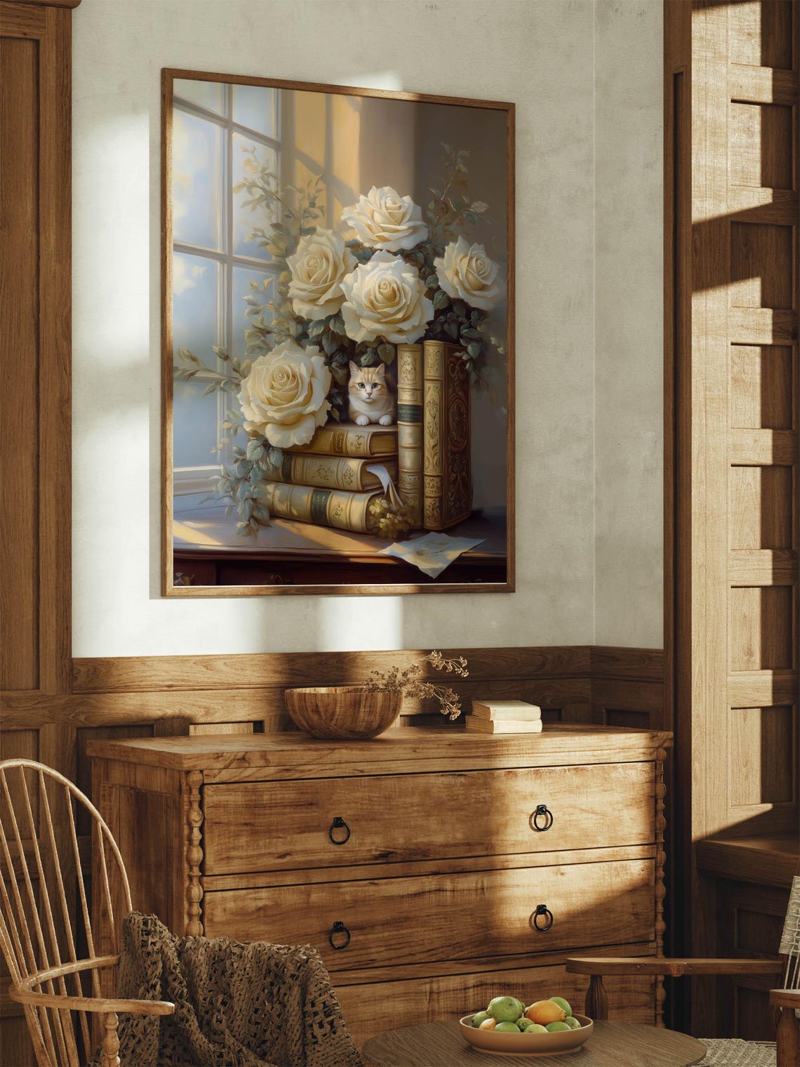 Cream Cat Among White Roses and Vintage Books Library Art Print - Image 4