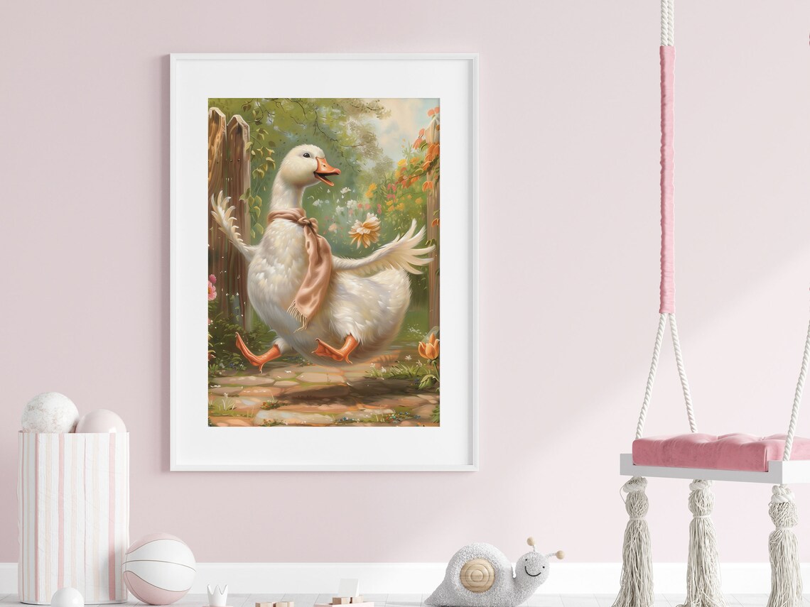 Silly Goose In Dahlias Wall Art Cute Goose Wearing A Scarfe Fairytale Print Whimsical Farmhouse Nursery Decor Vintage Kids Room Poster - Image 4
