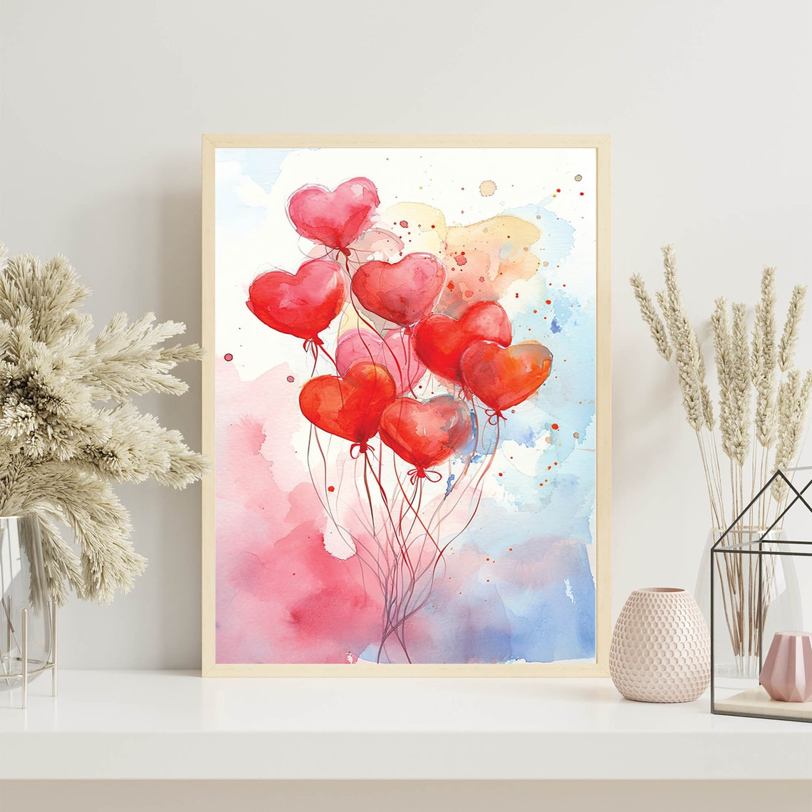 Red Heart Balloons Watercolor Valentine Day Love Wall Poster - Image 8