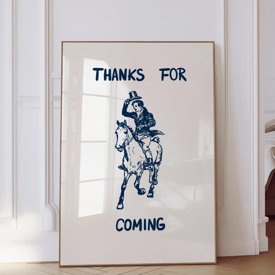 Thanks For Coming Navy Horse Rider Vintage Etching Quote Poster