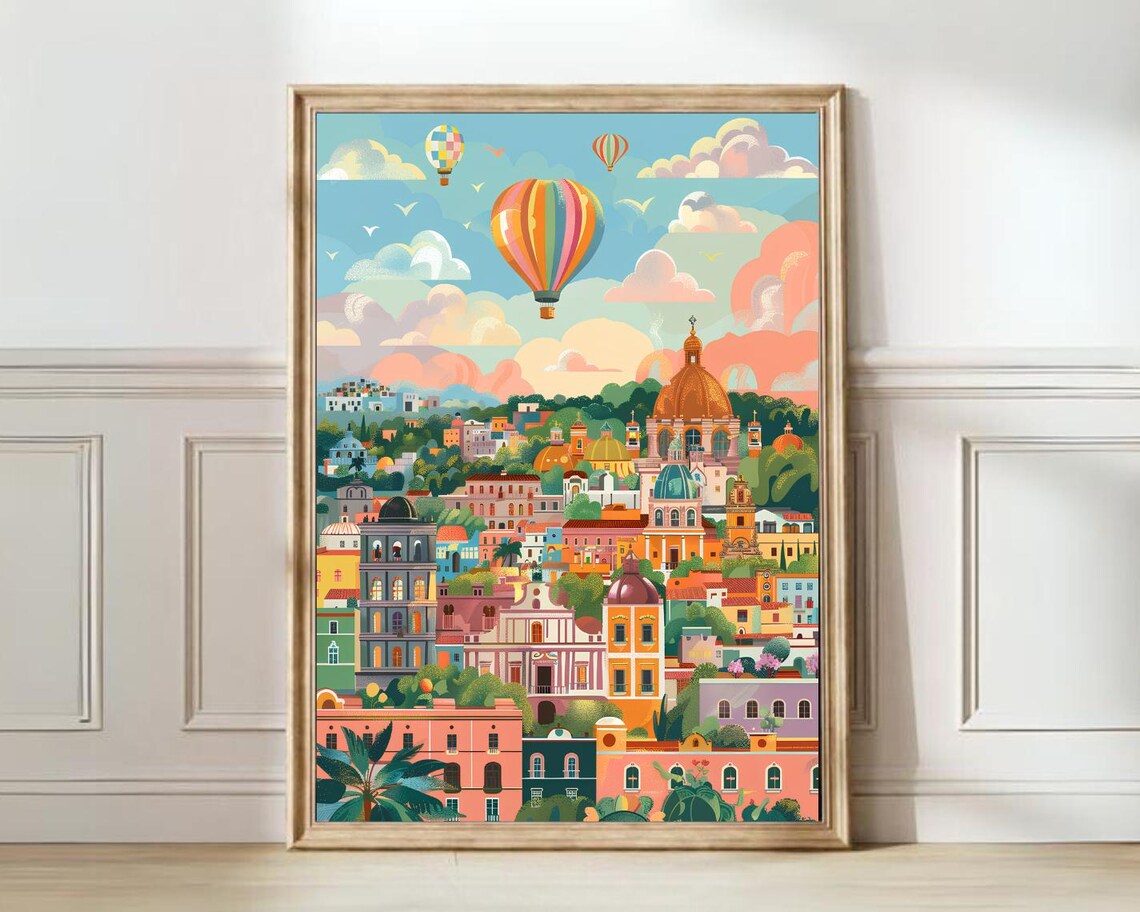 Mexico City Hot Air Balloons Over Colorful Colonial Skyline Poster