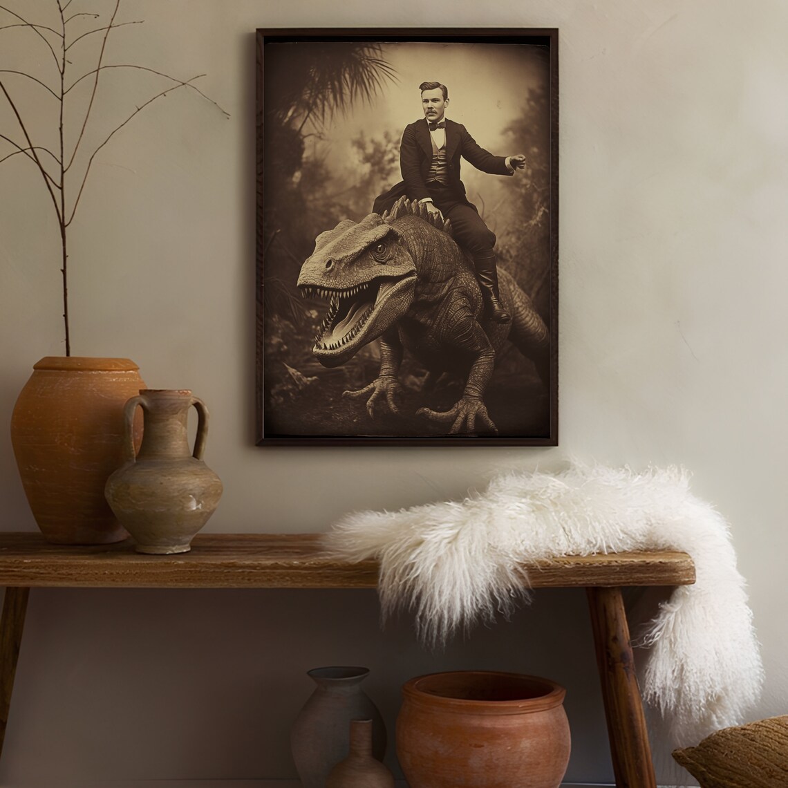 Victorian Gentleman Riding A Dinosaur Sepia Photo Art Poster - Image 3