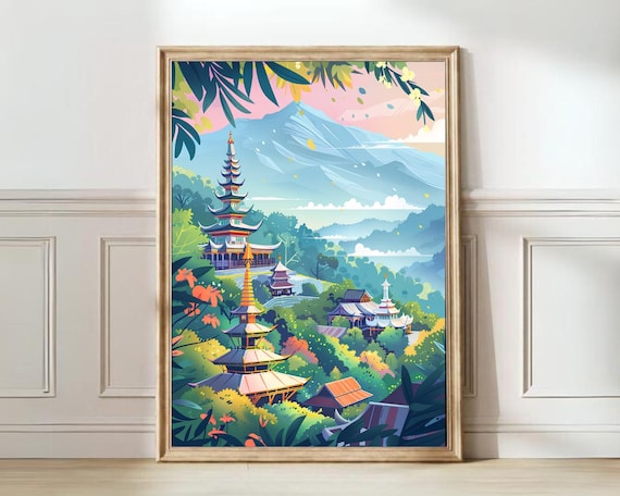 Chiang Mai Thailand Pagoda Temples Mountain Landscape Art Poster
