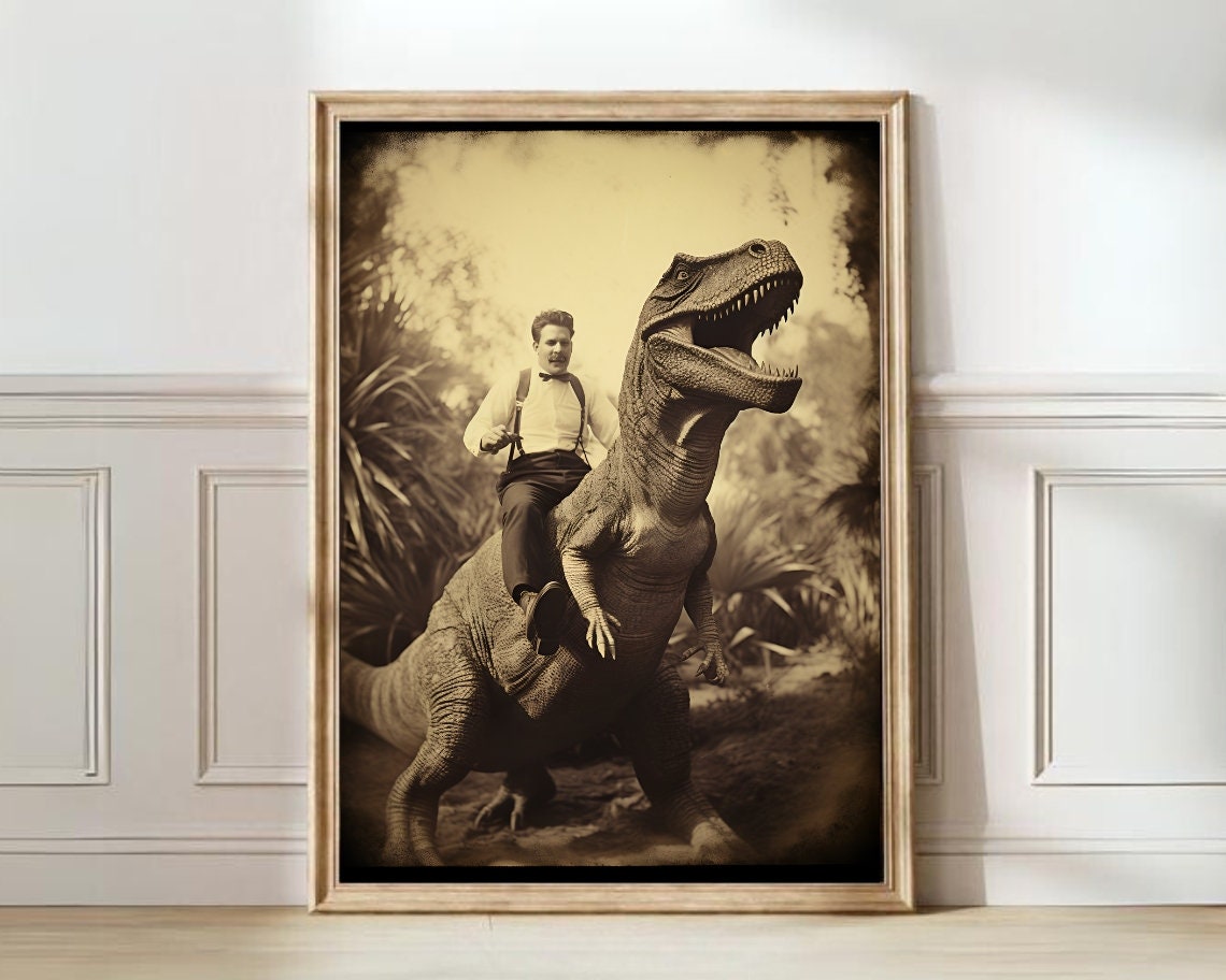 Dapper Gentleman Riding A T-Rex Vintage Sepia Photo Art Poster