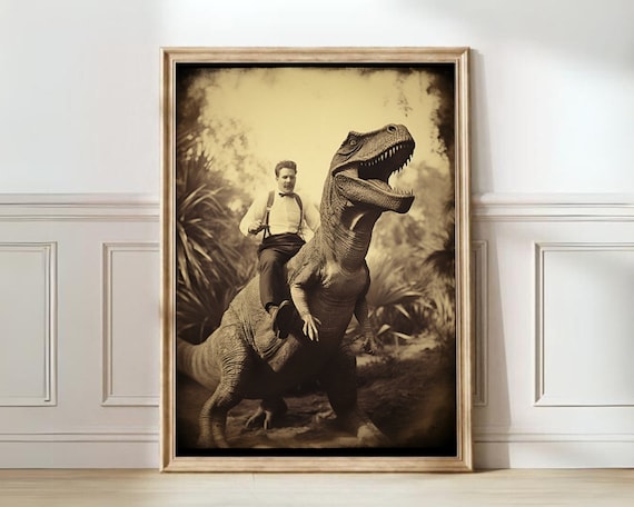 Dapper Gentleman Riding A T-Rex Vintage Sepia Photo Art Poster