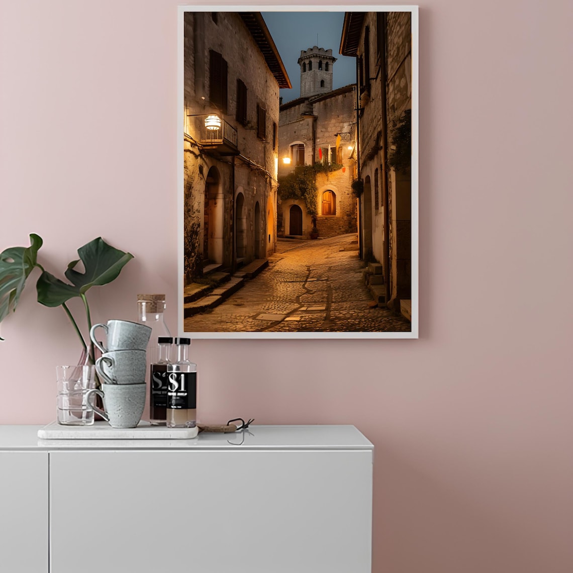 Siena Italy Cobblestone Street At Night With Warm Lamps Poster - Image 2