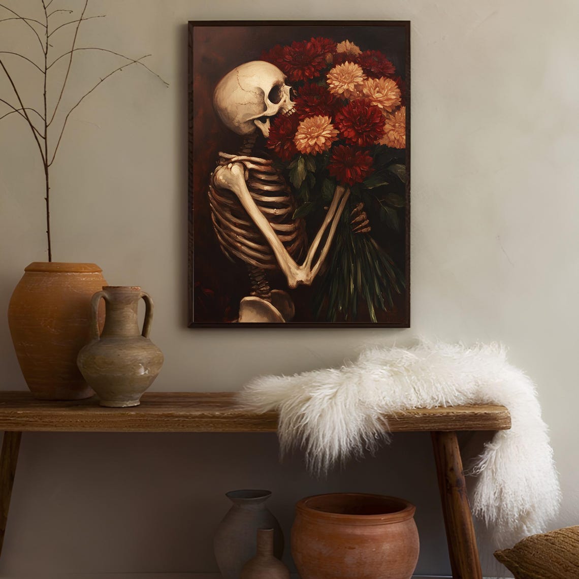 Skeleton With Red Dahlia Bouquet Side Profile Halloween Poster - Image 3