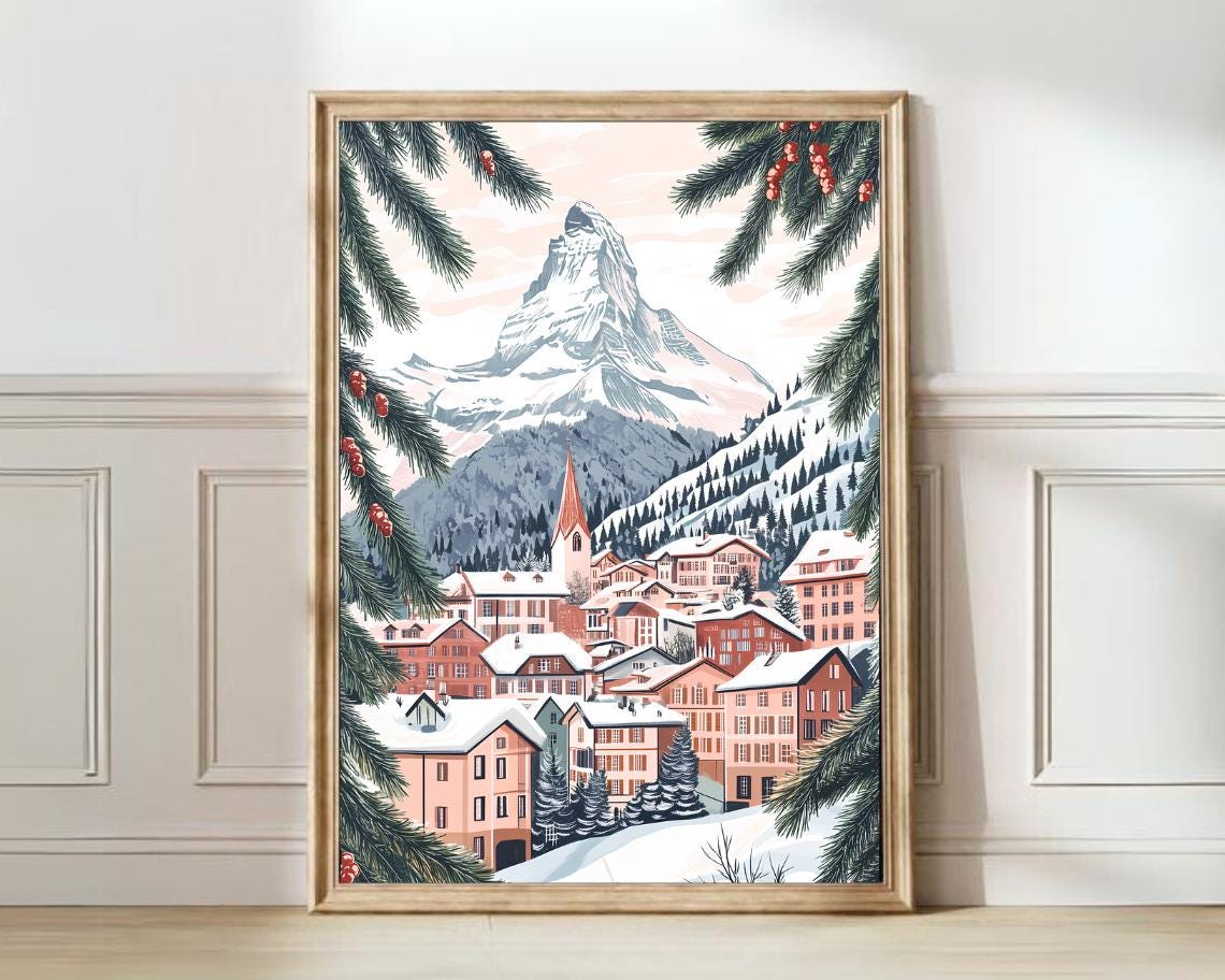 Swiss Matterhorn Zermatt Snowy Village Winter Mountain Poster