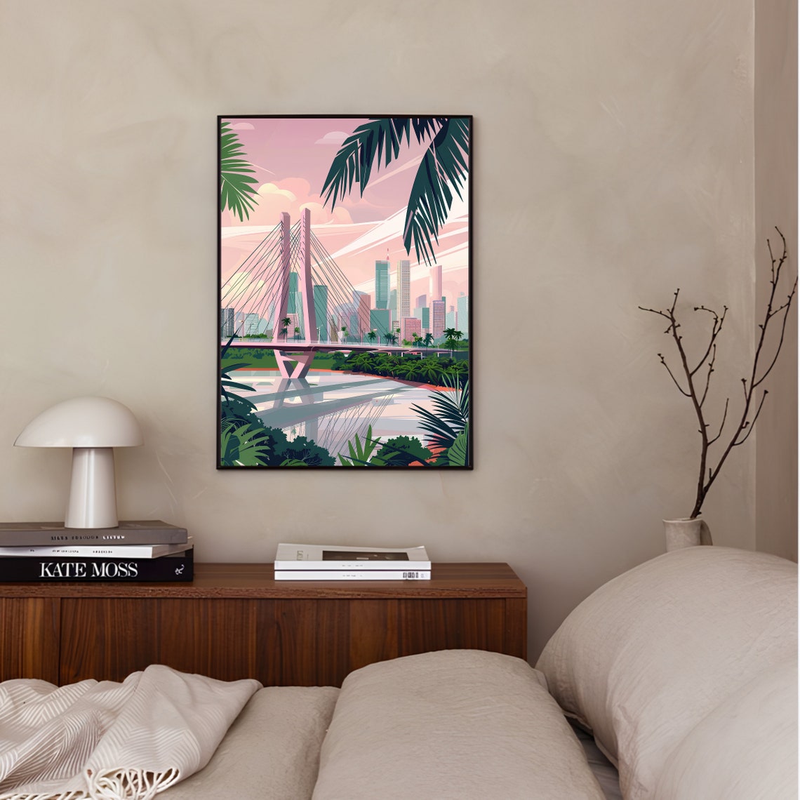 Sao Paulo Brazil Pink Cable-Stayed Bridge Skyline View Poster - Image 3