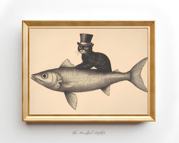 Vintage Fish Print Cat Pencil Drawing Cat And Fish Print Funny Animal Print Vintage Nursery Print Pencil Print Rustic Print