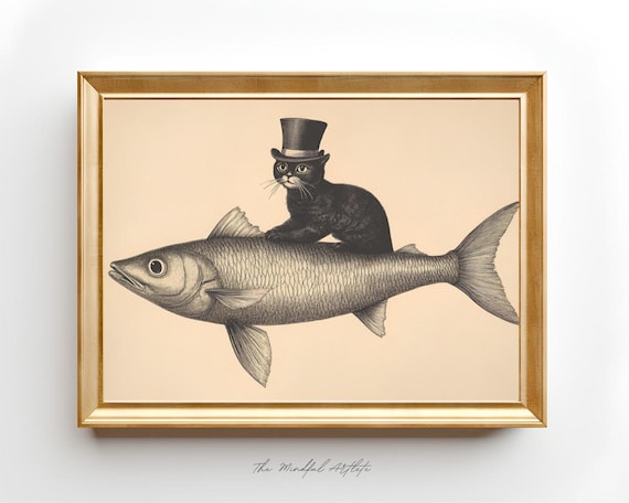 Whimsical Top Hat Cat Riding Fish Vintage Animal Illustration Poster
