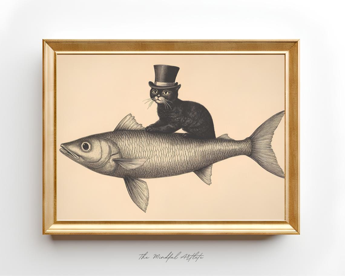 Whimsical Top Hat Cat Riding Fish Vintage Animal Illustration Poster