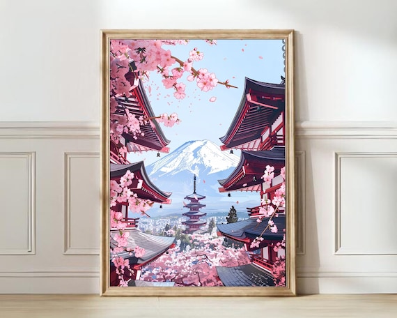 Mount Fuji with Pagoda and Cherry Blossoms Japanese Travel Poster