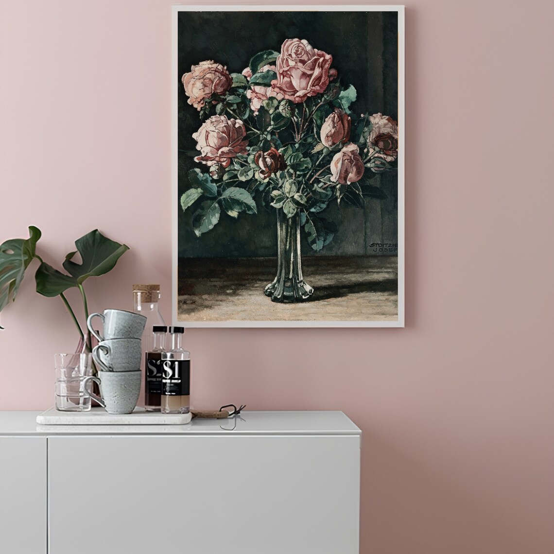 Blush Pink Roses Bouquet in Vase Dark Moody Vintage Floral Print - Image 2