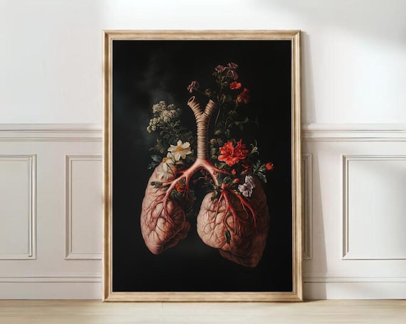 Vintage Floral Lungs Anatomy Dark Botanical Medical Art Poster