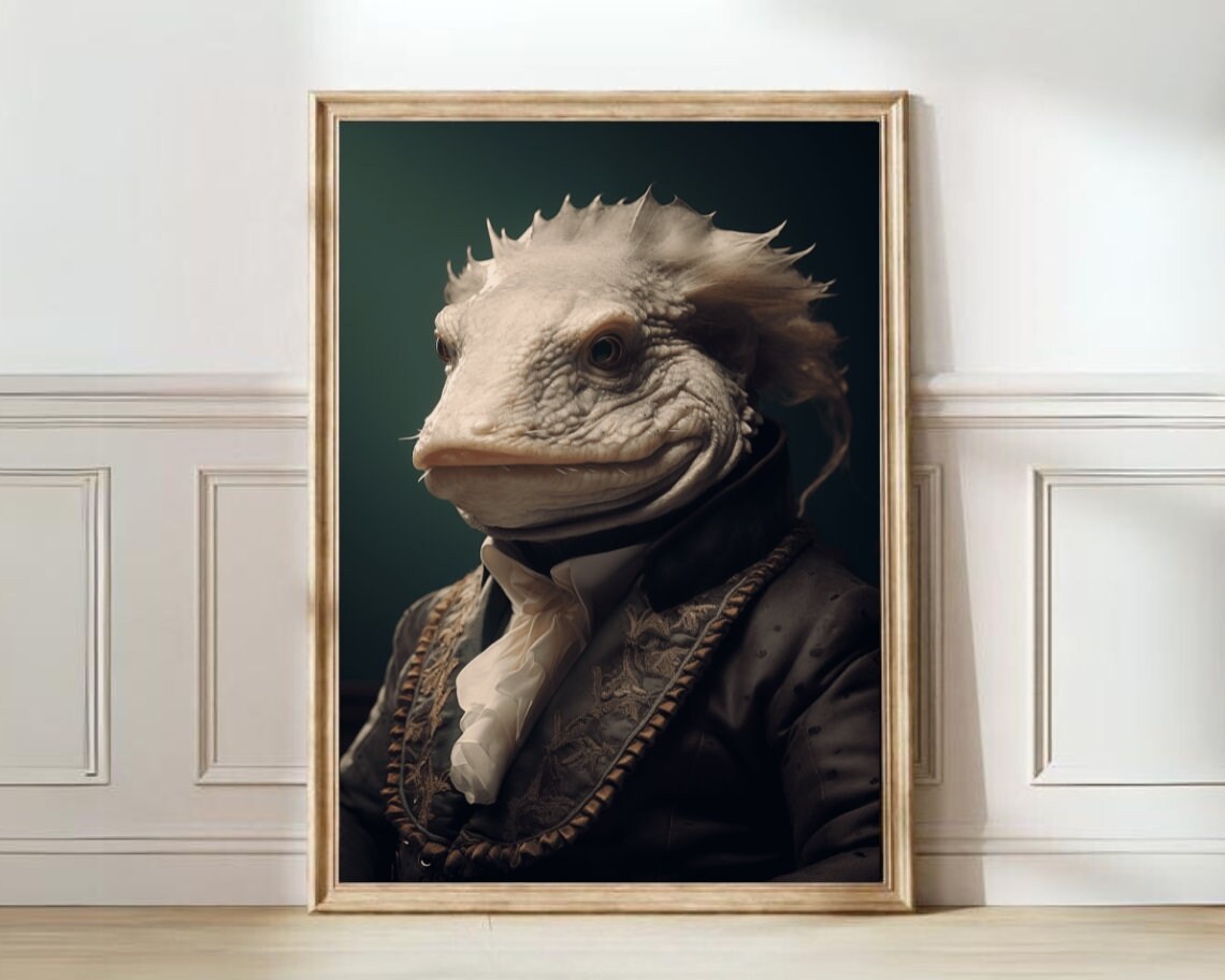 Victorian Axolotl Portrait with White Cravat Dark Charming Animal Poster