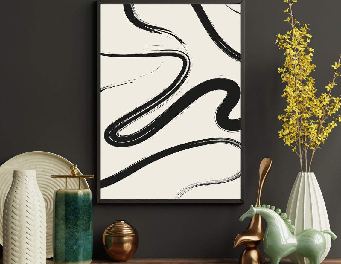 Black Ink Ribbon Waves On Ivory Minimalist Abstract Art Poster - Image 2