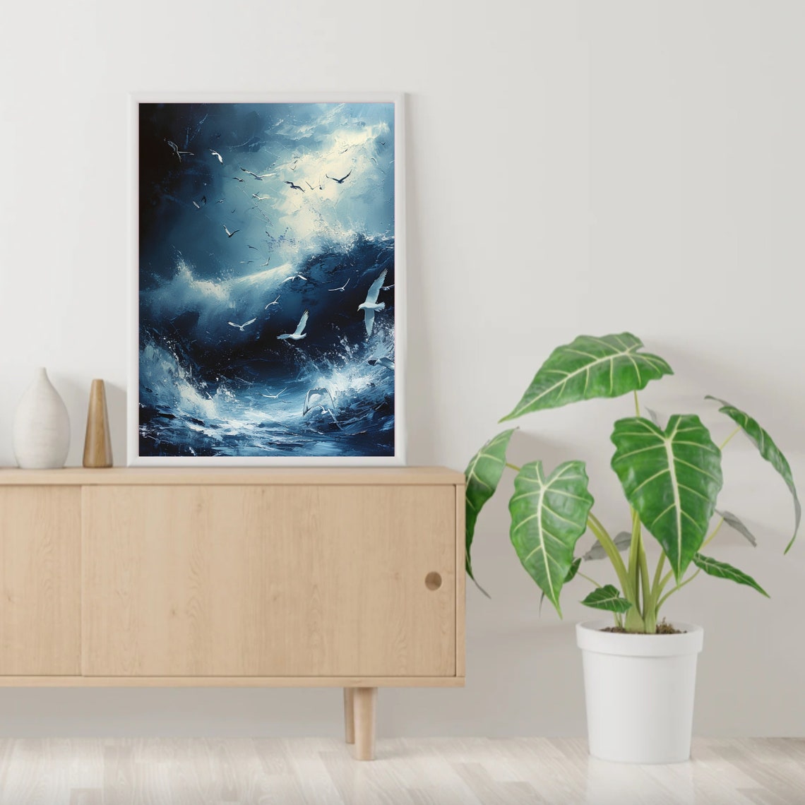 Indigo Storm Ocean Waves Seagulls Moody Night Sky Painting Poster - Image 3