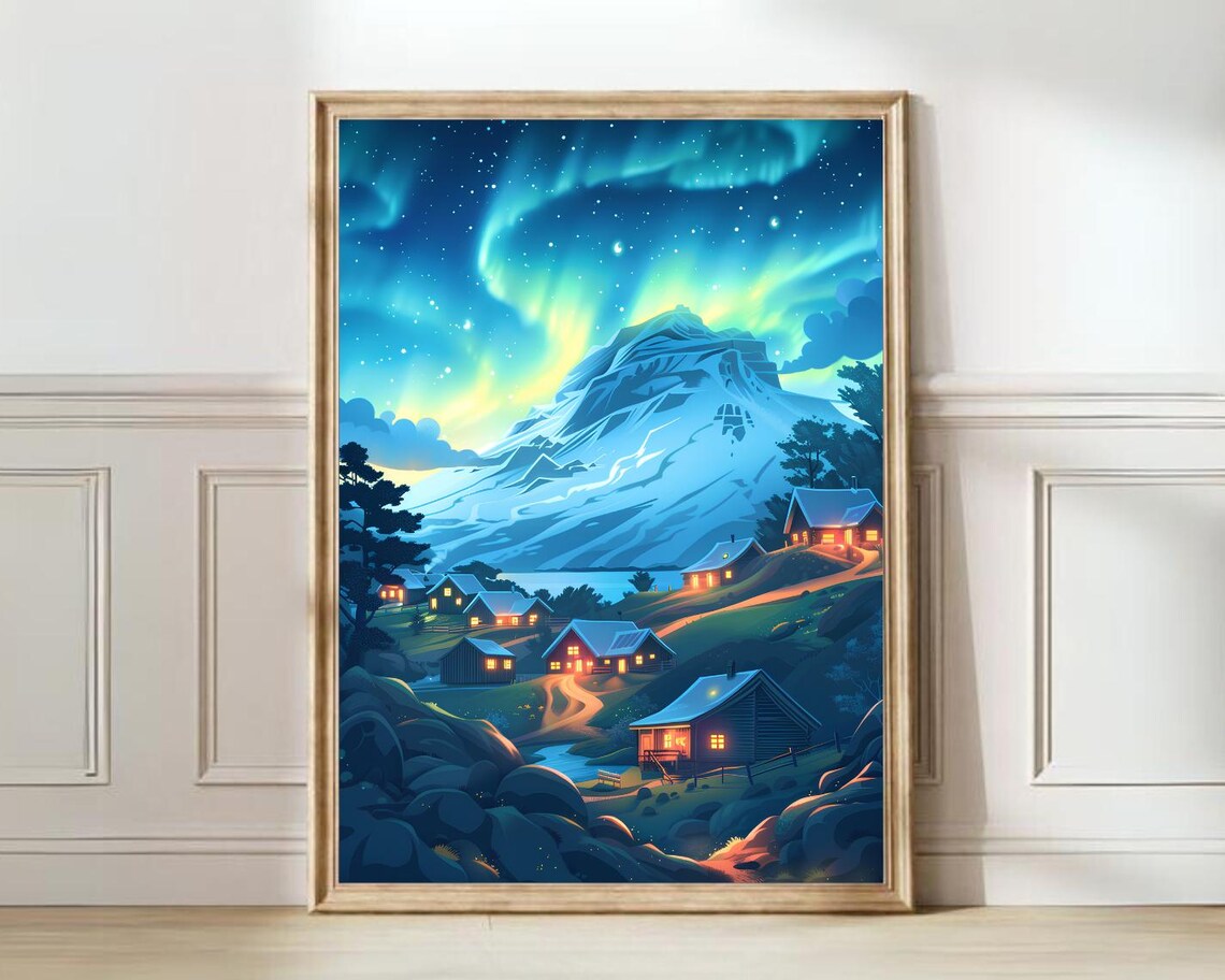Iceland Northern Lights Over Snowy Mountain Village Night Poster