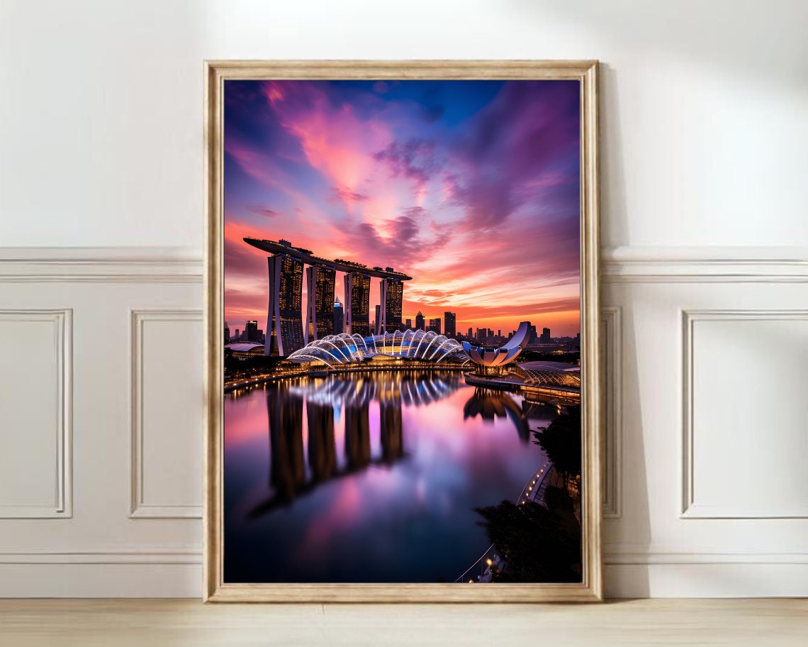 Singapore Marina Bay Sands Sunset Skyline Reflection Travel Art Poster