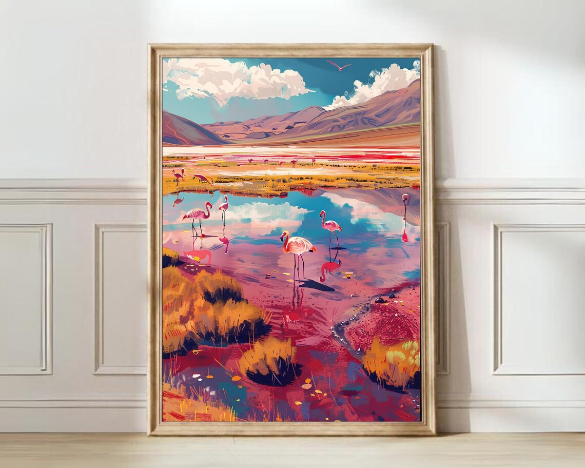 Bolivia Uyuni Travel Poster, Flamingo Illustration