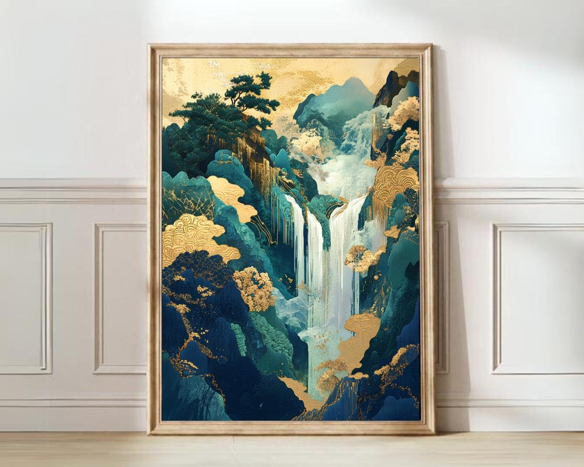 Japanese Waterfall Print, Vintage Japandi Wall Art