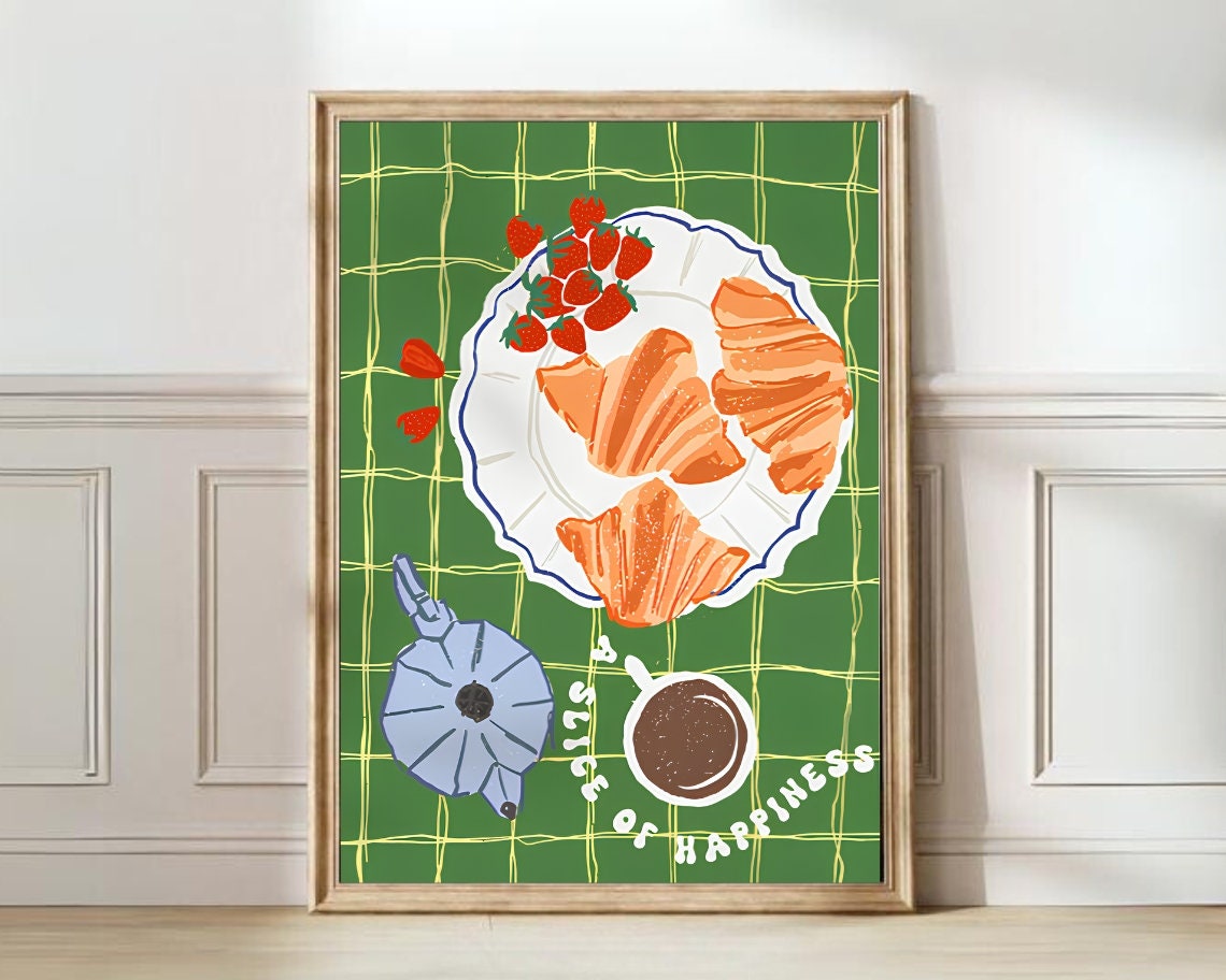 Breakfast Croissants Coffee and A Slice of Happiness Kitchen Poster