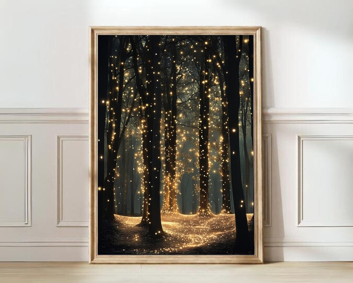 Enchanted Night Forest Golden Lights Fireflies Fantasy Art Poster