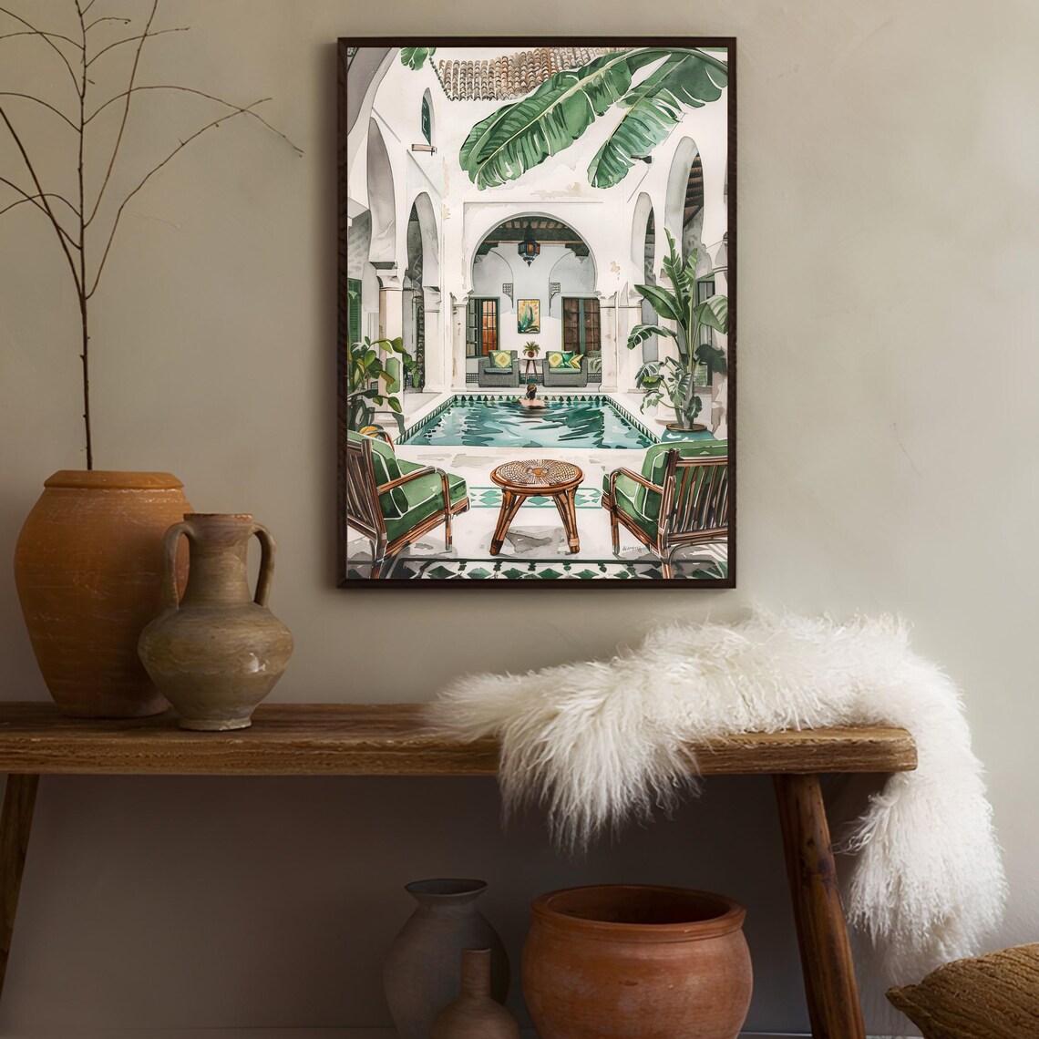 Morocco Riad Courtyard Pool Watercolor Tropical Oasis Art Poster - Image 2