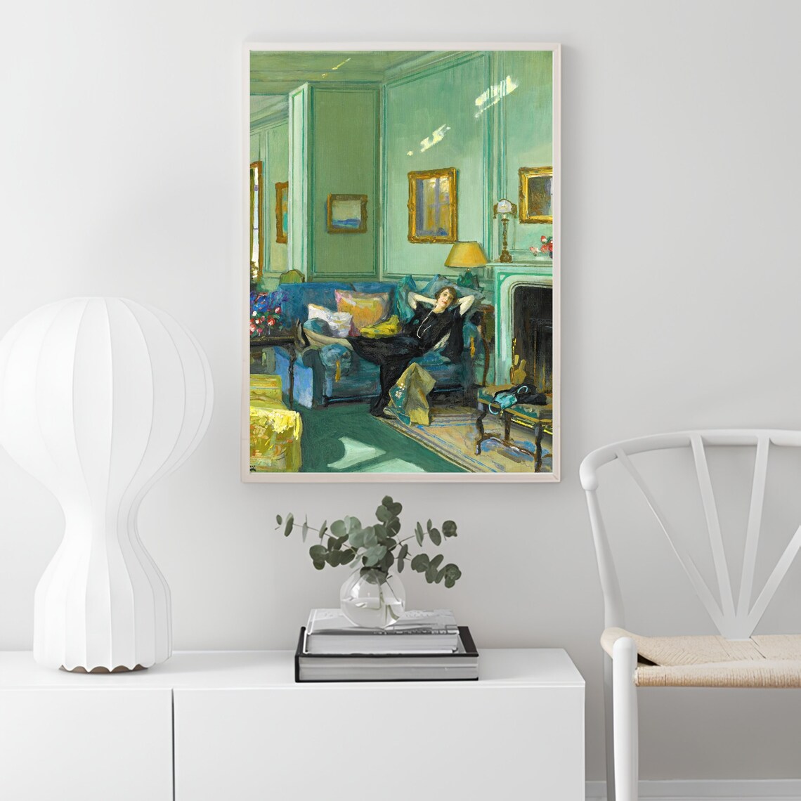 Woman Reclining In Green Drawing Room Vintage Oil Portrait Print - Image 2