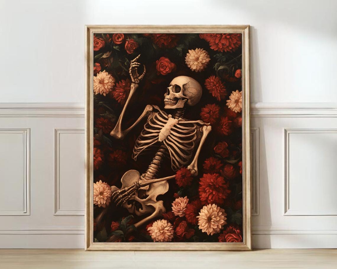 Skeleton Pointing Among Red Roses Dark Floral Halloween Poster