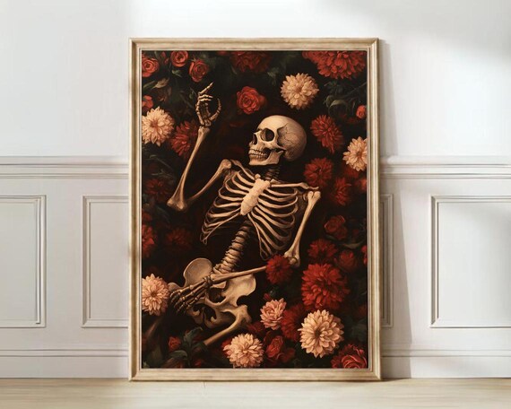 Skeleton Pointing Among Red Roses Dark Floral Halloween Poster