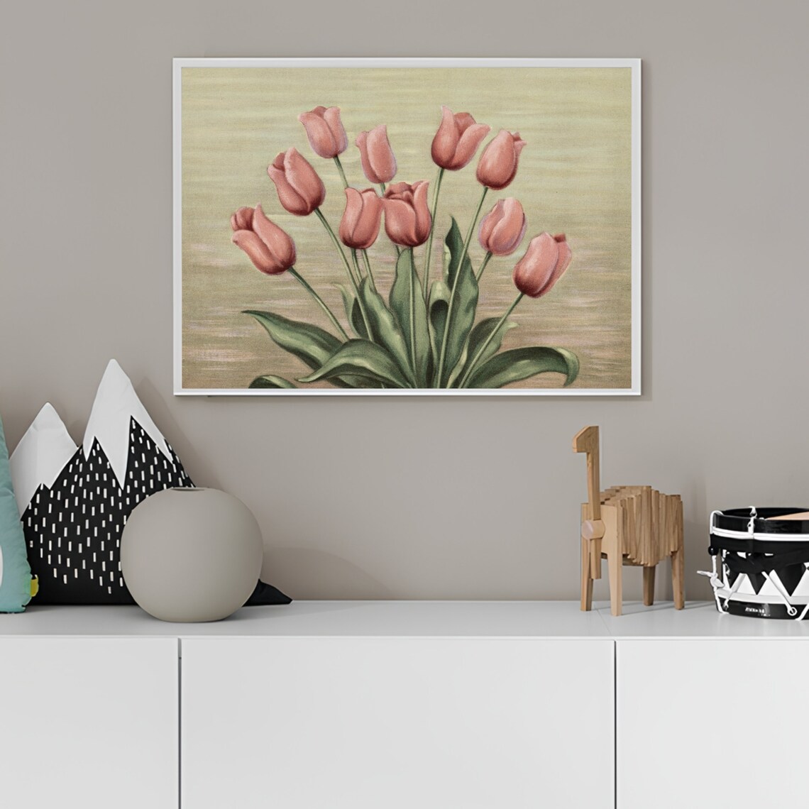 Vintage Botanical Painting of Pink Coral Tulips in Bloom Poster - Image 2