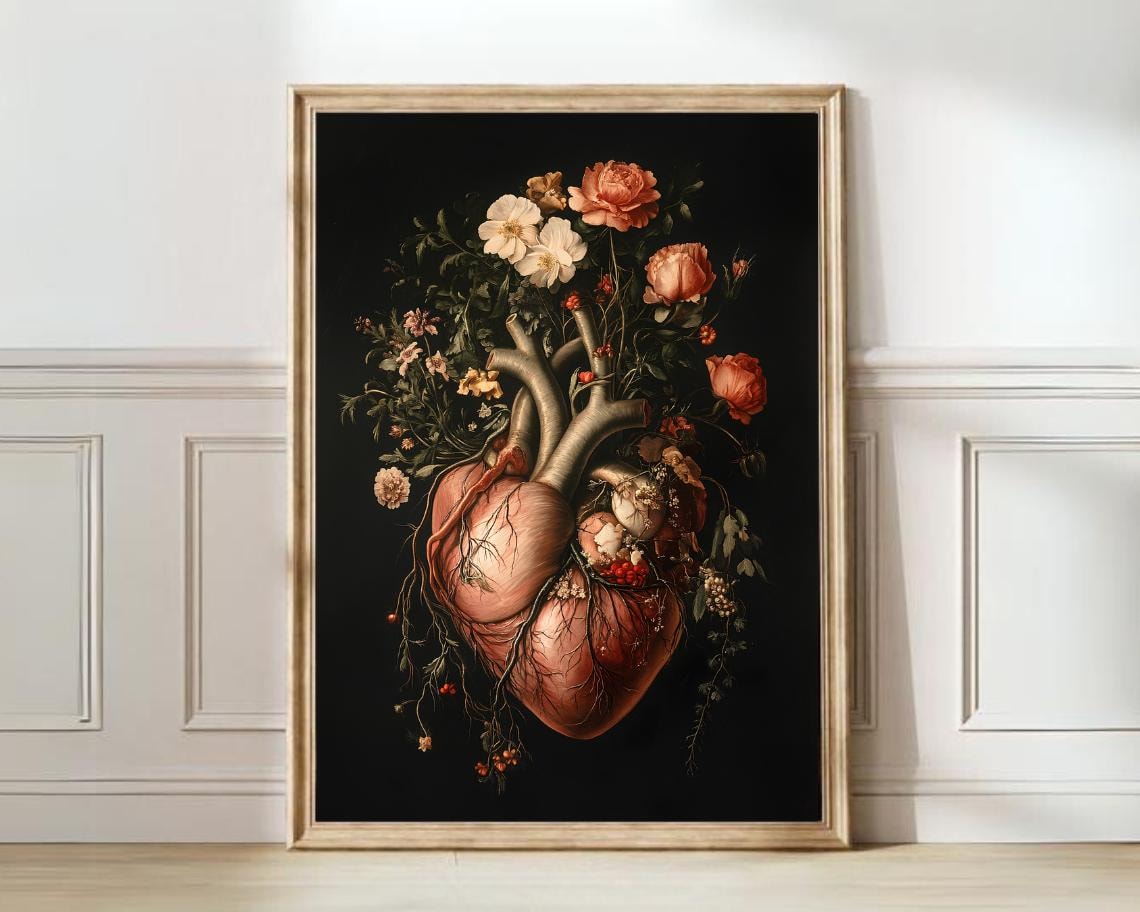 Human Heart Vintage Floral Anatomy Art Print