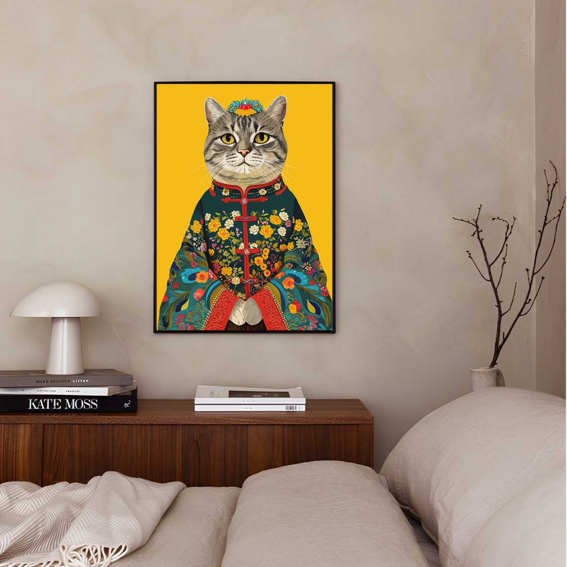 Funny Tabby Cat in Ornate Floral Robe Yellow Portrait Poster - Image 2