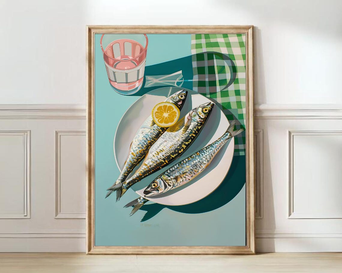 Sardines On A Plate Lemon Retro Seafood Kitchen Food Art Poster