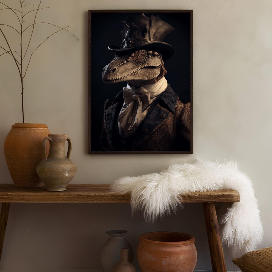Victorian Dinosaur Portrait Wearing a Top Hat Gothic Animal Poster - Image 2