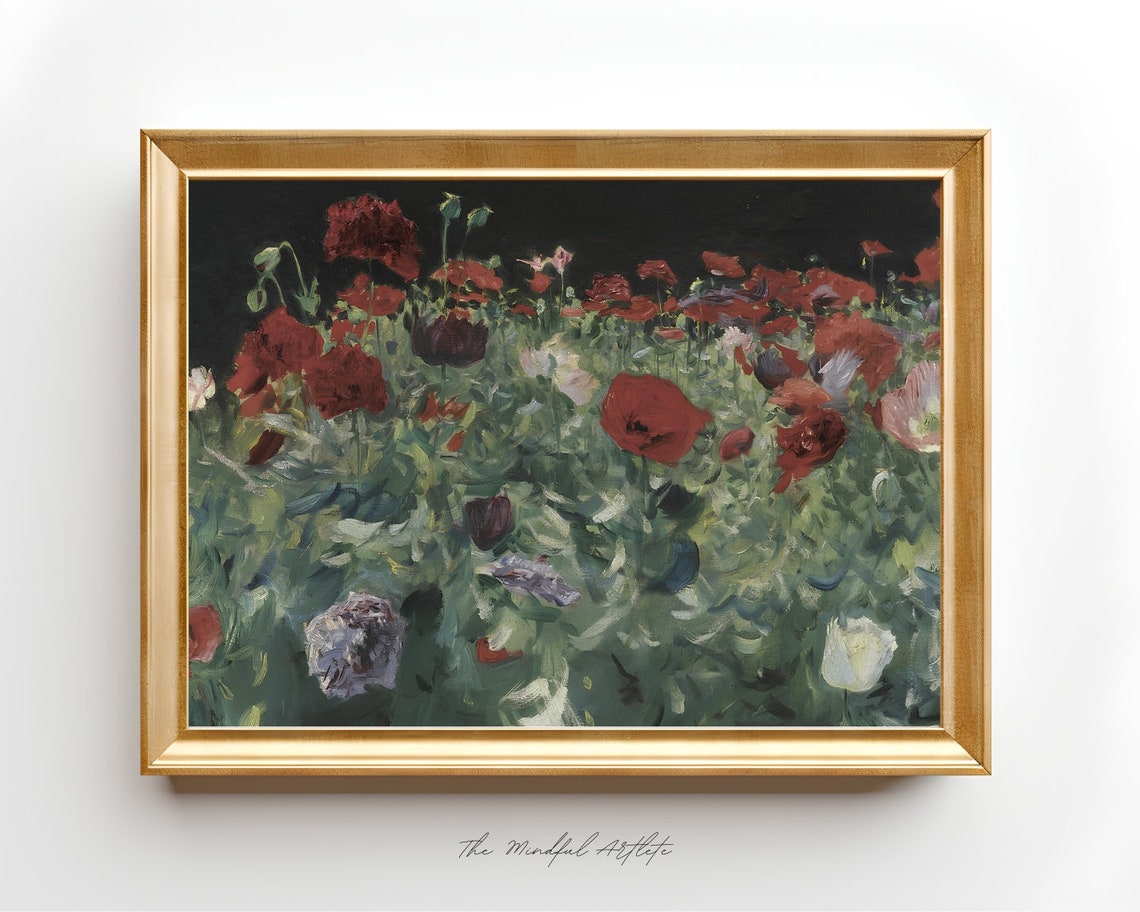 Vintage Flower Painting Vintage Landscape Painting Red Flower Field Painting Garden Meadow Painting Farmhouse Decor Rustic Country Art Print