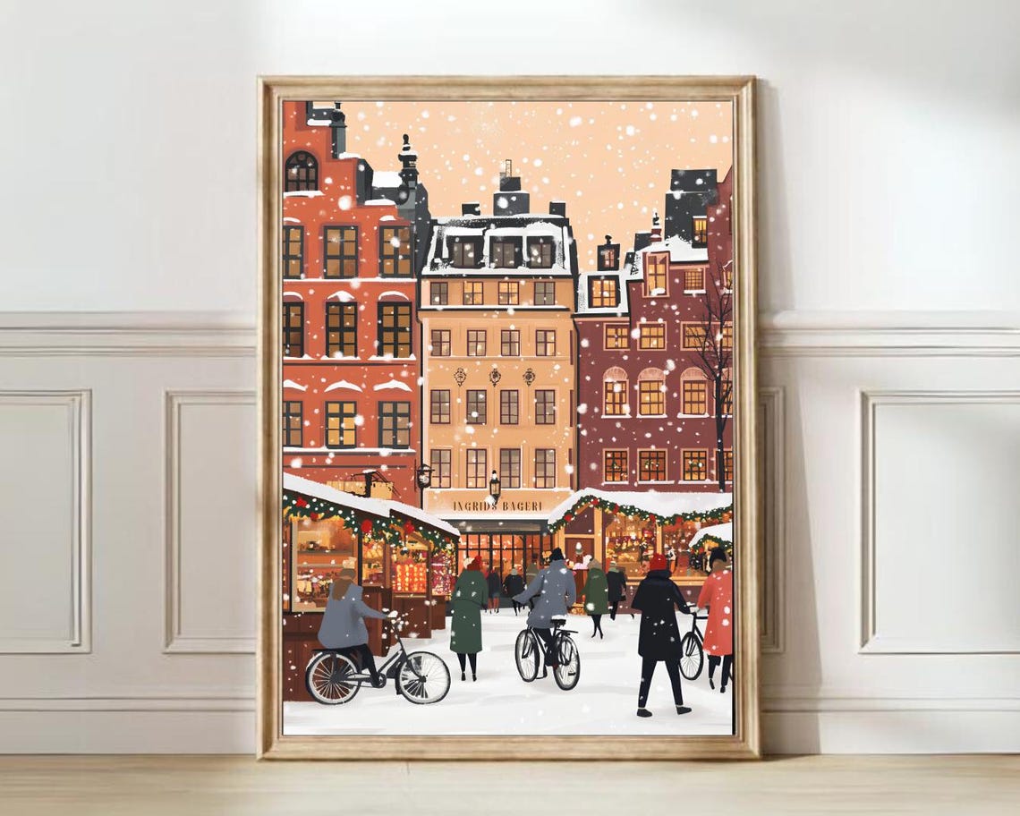 Stockholm Print Winter Stockholm Illustration Christmas Market Print Sweden Print Stockholm Gift Nordic Print Hygge Wall Art
