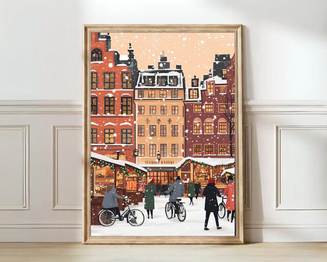 Stockholm Winter Christmas Market Bakery Snowy Nordic Scene Poster