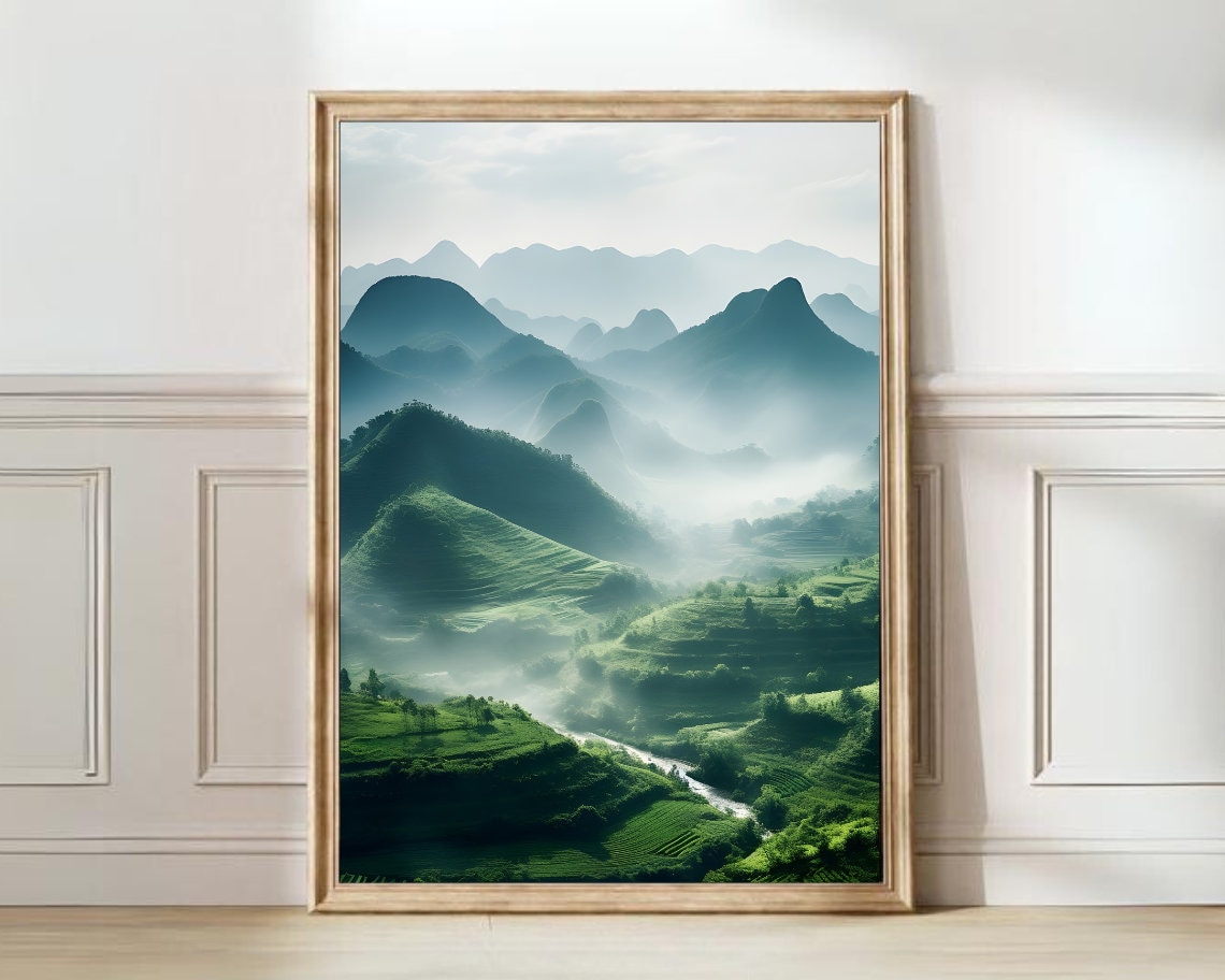 Misty Sage Green Karst Mountain Landscape Photography Poster