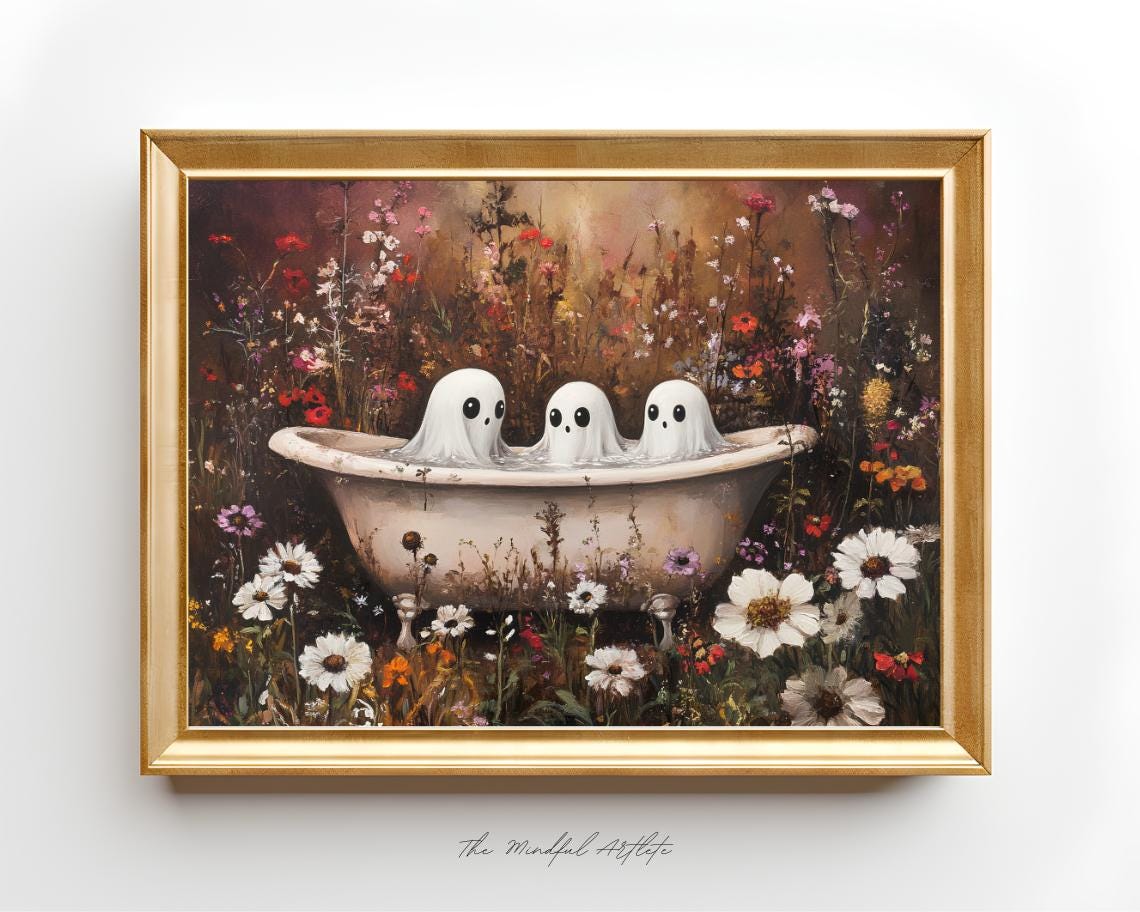Bathing Ghost Print Ghost Painting Halloween Print Set Cute Ghost Poster Vintage Painting Halloween Decor Spooky Print Funny Ghost Prints