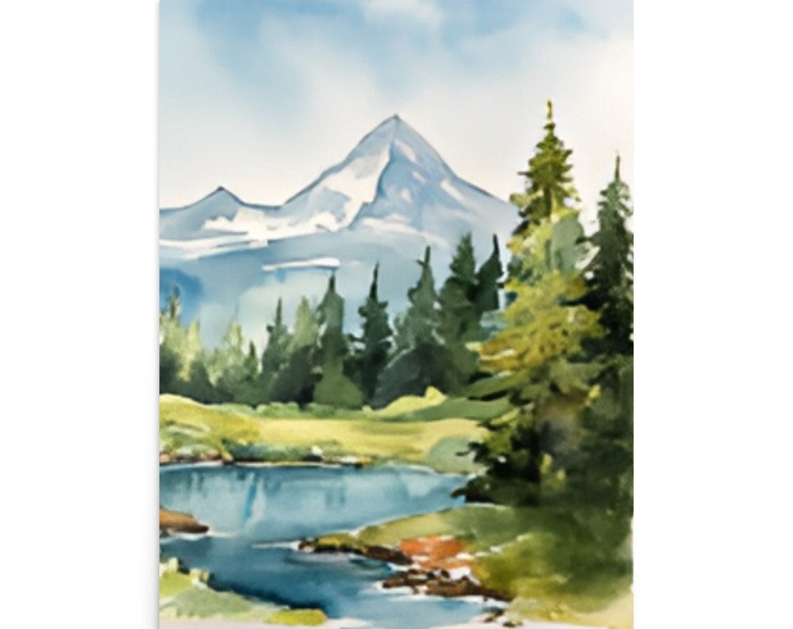 Snowy Mountain Peak Watercolor With Pines and a Quiet River Poster