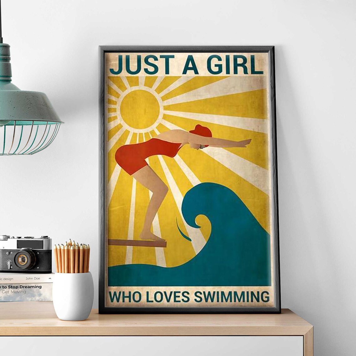 Just A Girl Who Loves Swimming Retro Diver Sun And Wave Art Poster - Image 3