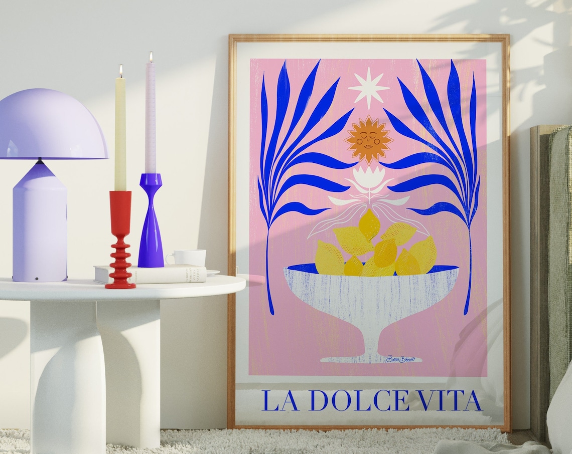 Mediterranean Lemon Bowl Art Print, Boho Floral Decor